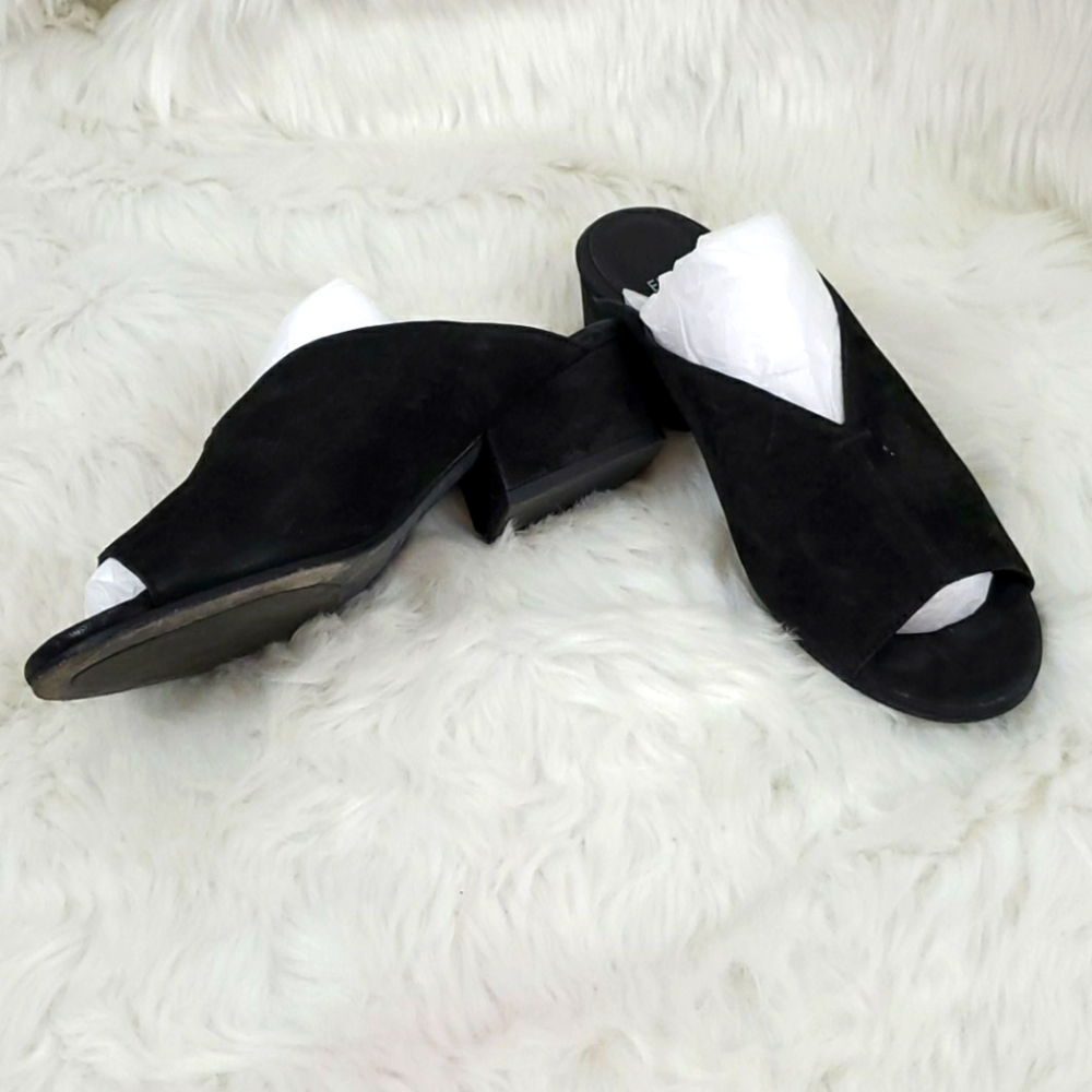 Eileen Fisher Katniss Black Suede Slides 6.5 Peep Toe 2” Heel
